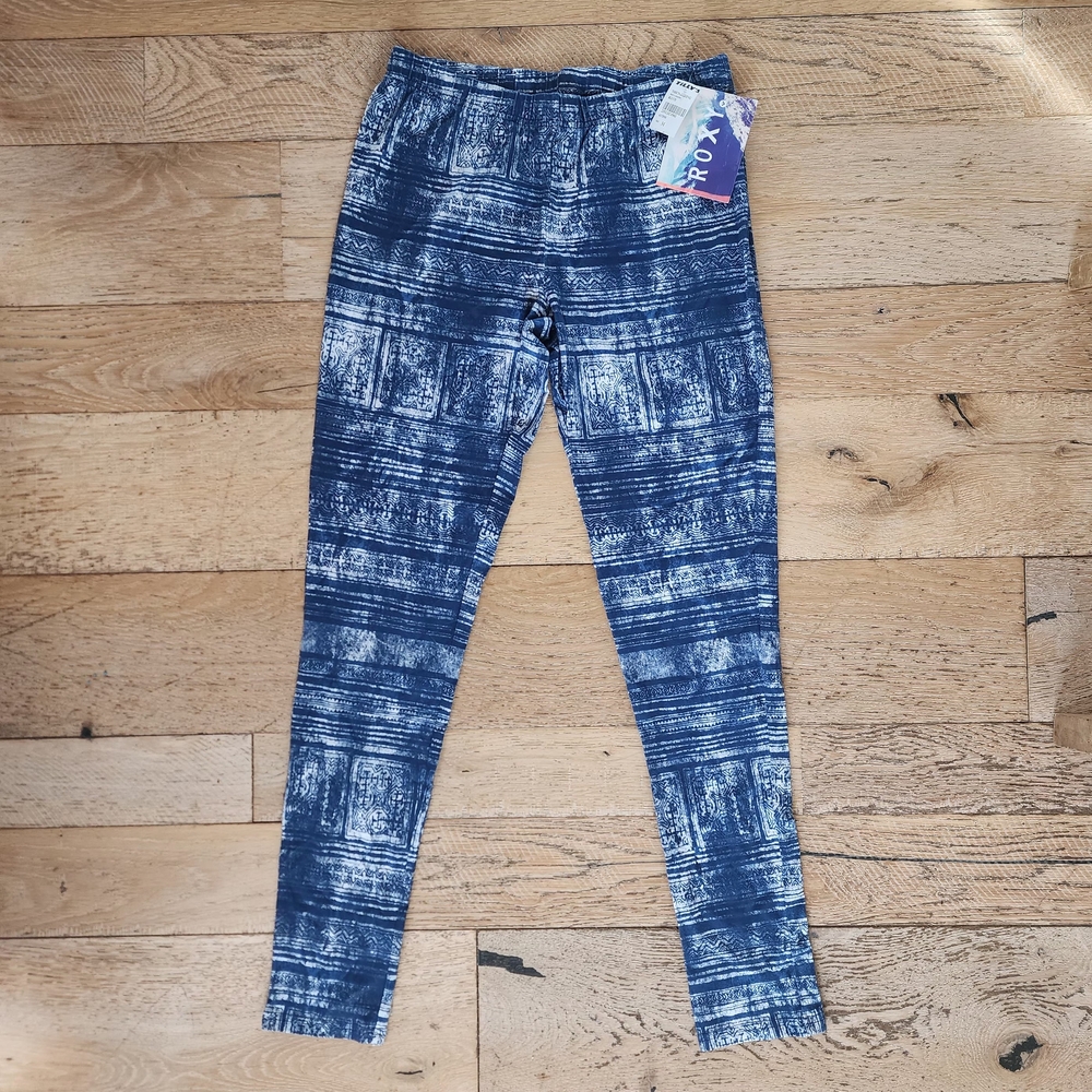 Roxy Women's Blue White Print Leggings NWT Surf Skate Athleisure Indie
